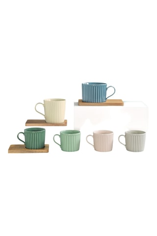 4 tazas de café de porcelana y 4 bandejas de acacia Take a break