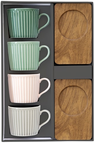 4 tazas de café de porcelana y 4 bandejas de acacia Take a break