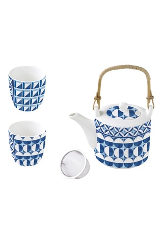 2 tazas y tetera de porcelana Geometric Blue