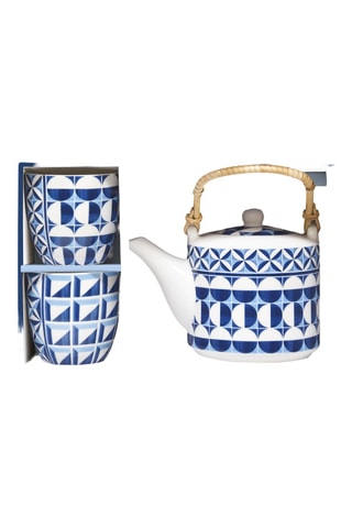 2 tazas y tetera de porcelana Geometric Blue