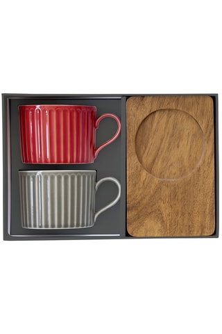 2 tazas de porcelana y 2 bandejas de acacia Take a break