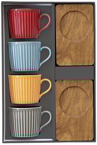 4 tazas de café de porcelana y 4 bandejas de acacia Take a break