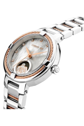 Reloj de cuarzo de acero y nácar Gardena - Contador de fase lunar - Plateado y rosa dorado