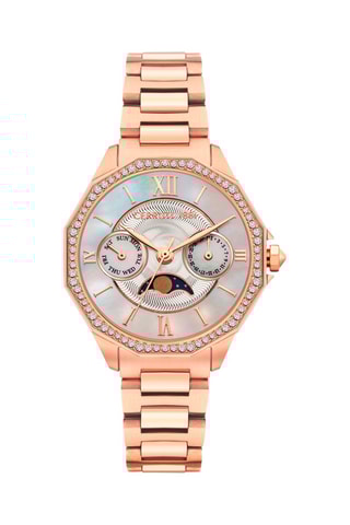 Reloj de cuarzo de acero y nácar con cristales Swarovski Jesina - Contador de fase lunar - Rosa dorado