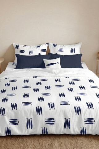 Housse de couette réversible en percale de coton 79 fils/cm² Oropesa - Blanc et bleu foncé