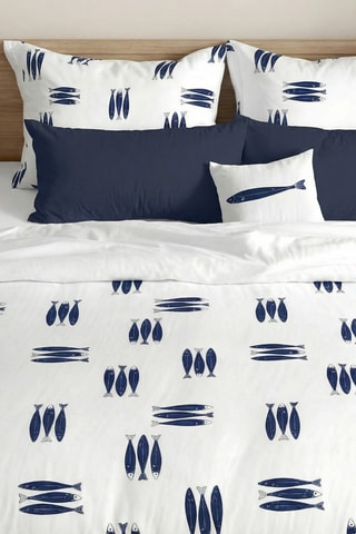 Housse de couette réversible en percale de coton 79 fils/cm² Oropesa - Blanc et bleu foncé