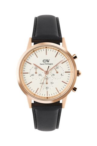 Montre à quartz en cuir véritable - Chronographe - Noir et doré