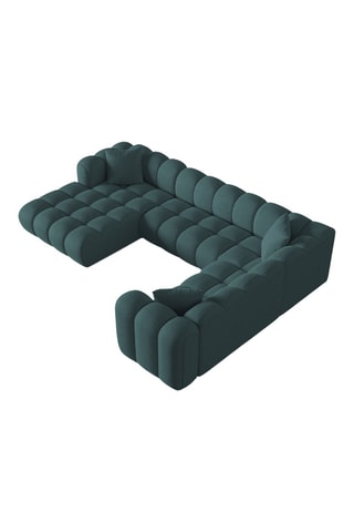 Canapé d'angle droit panoramique Elise - Bleu canard - 6 places - En tissu texturé et chenille moly