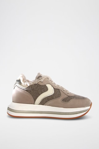 Baskets fourrées en cuir et laine - Beige et gris