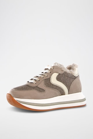 Baskets fourrées en cuir et laine - Beige et gris