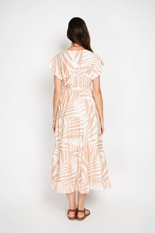 Vestido midi en lino - Blanco y beige