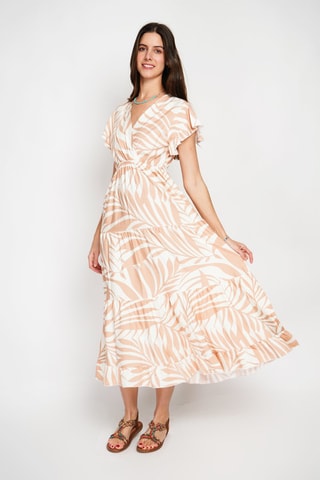 Vestido midi en lino - Blanco y beige