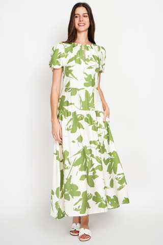 Vestido largo de lino - Blanco y verde