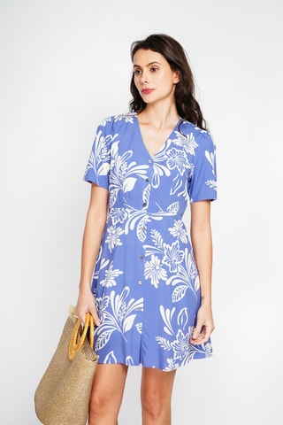 Vestido midi en lino - Blanco y azul