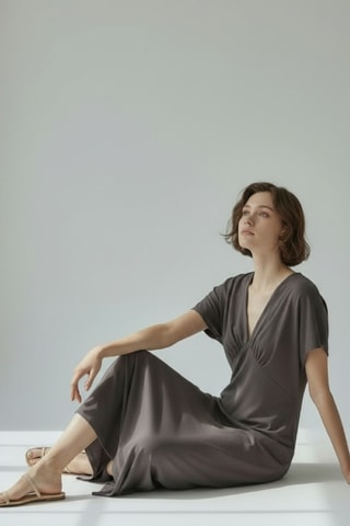 Vestido largo de lino - Marrón