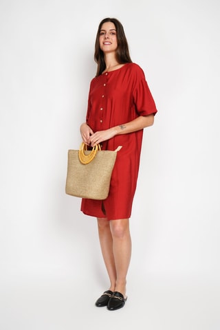 Vestido recto de lino - Rojo