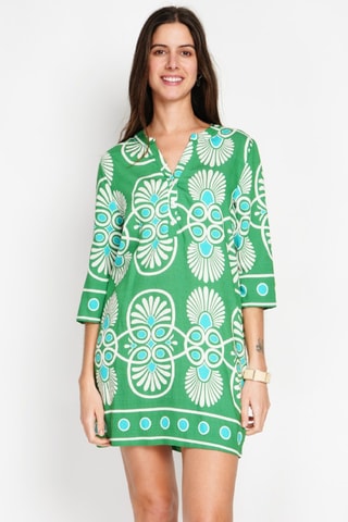 Vestido midi en lino - Blanco, azul y verde