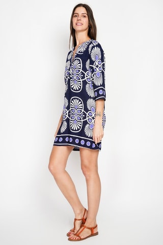 Vestido midi en lino - Blanco, azul y violeta