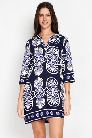 Vestido midi en lino - Blanco, azul y violeta