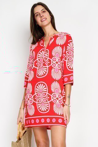 Vestido midi en lino - Blanco, rojo y rosa