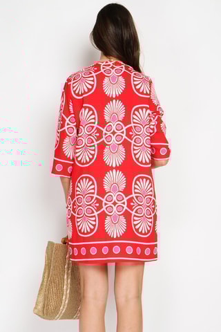 Vestido midi en lino - Blanco, rojo y rosa