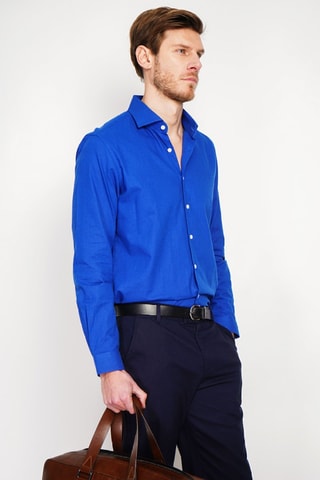 Camisa slim fit de lino - Azul