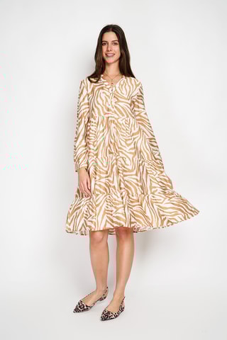 Vestido midi en lino - Blanco y beige