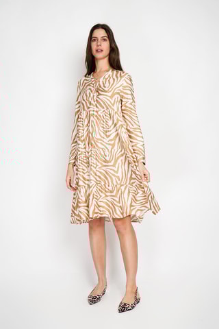 Vestido midi en lino - Blanco y beige