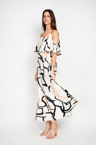 Vestido largo de lino - Naranja, blanco y negro