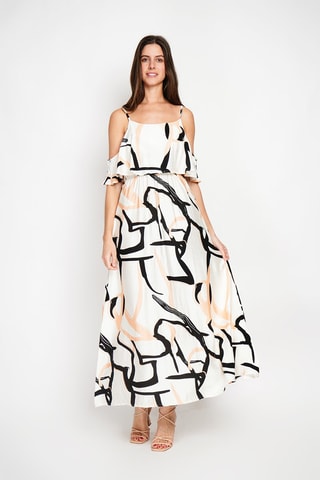 Vestido largo de lino - Naranja, blanco y negro