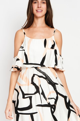 Vestido largo de lino - Naranja, blanco y negro