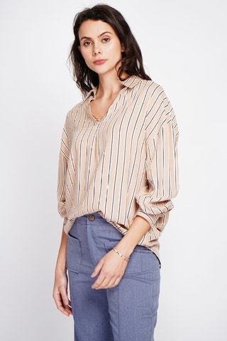 Túnica de lino - Blanco, beige y azul