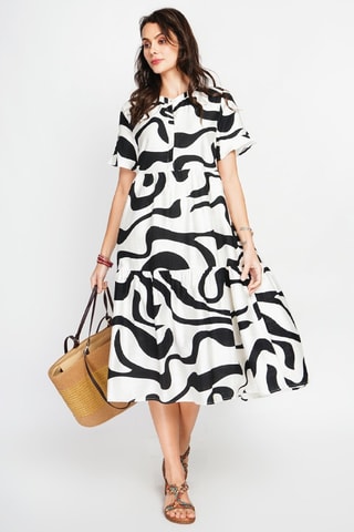 Vestido midi en lino - Blanco y negro