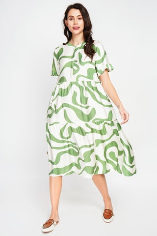 Vestido midi en lino - Blanco y verde