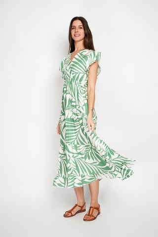 Vestido midi en lino - Verde y blanco