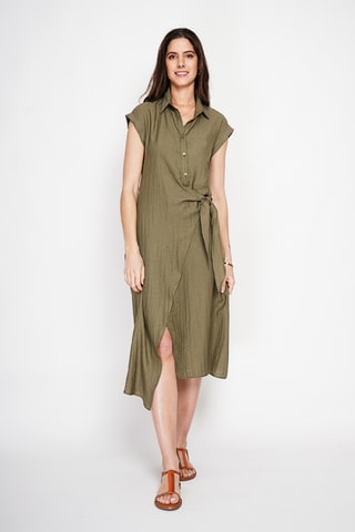 Vestido cruzado de lino - Caqui