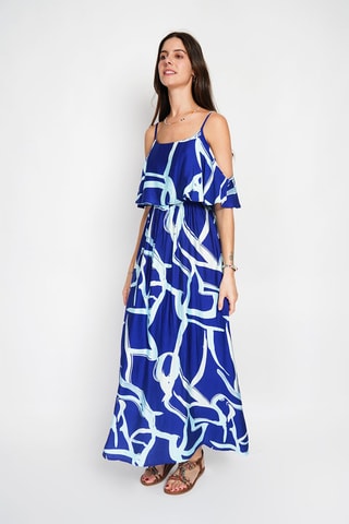 Vestido largo de lino - Azul y blanco