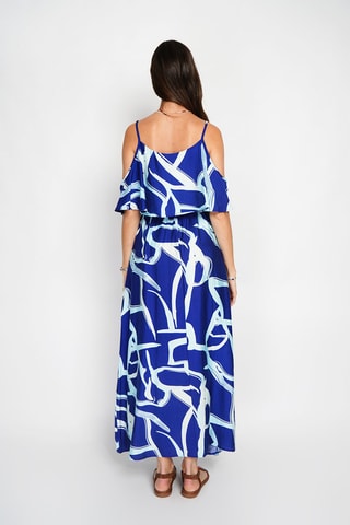 Vestido largo de lino - Azul y blanco