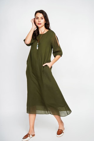 Vestido midi en lino - Beige