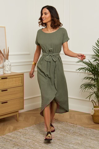 Vestido cruzado y largo de lino  -  100 % lino - Caqui