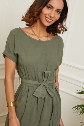 Vestido cruzado y largo de lino  -  100 % lino - Caqui