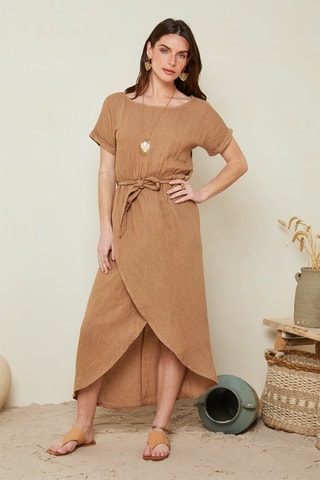 Vestido asimétrico de lino  -  100 % lino - Marrón
