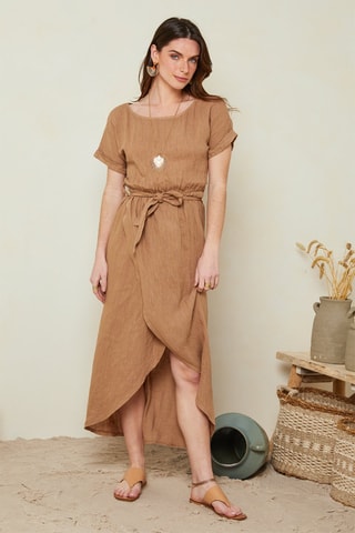 Vestido asimétrico de lino  -  100 % lino - Marrón