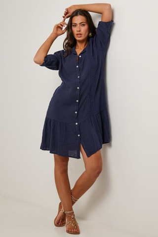 Vestido camisero de lino  -  100 % lino - Azul marino