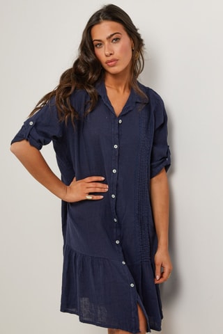 Vestido camisero de lino  -  100 % lino - Azul marino