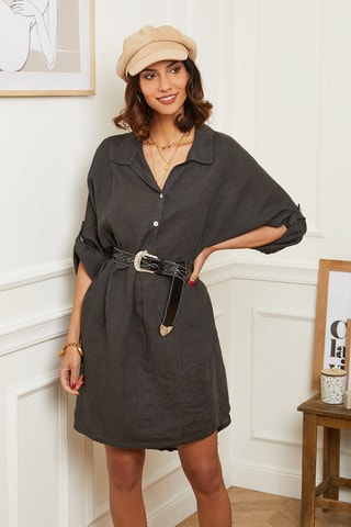 Vestido midi y ancho de lino  -  100 % lino - Gris oscuro