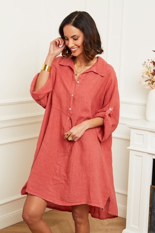 Vestido midi y ancho de lino  -  100 % lino - Naranja