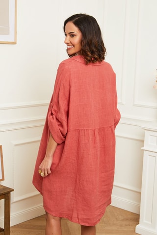 Vestido midi y ancho de lino  -  100 % lino - Naranja