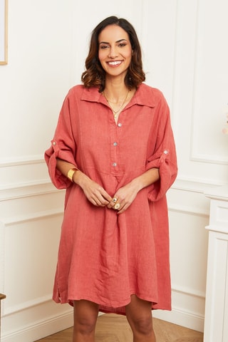 Vestido midi y ancho de lino  -  100 % lino - Naranja