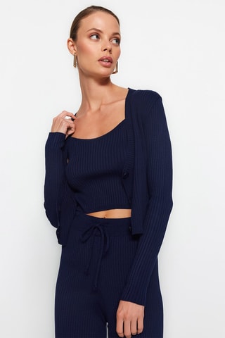 Casaco de malha, Crop top e calças bootcut - Azul-marinho